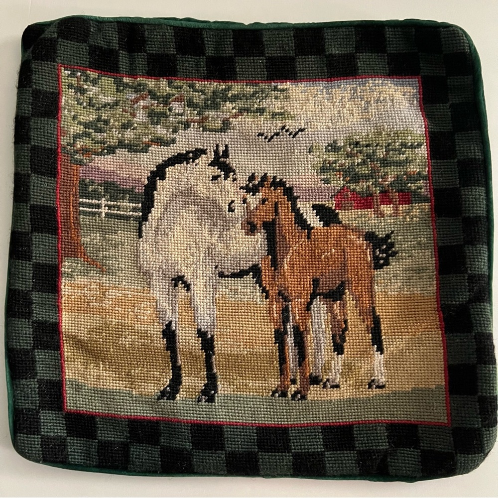 Horses Needlepoint Pillow Case 14x14” Handmade